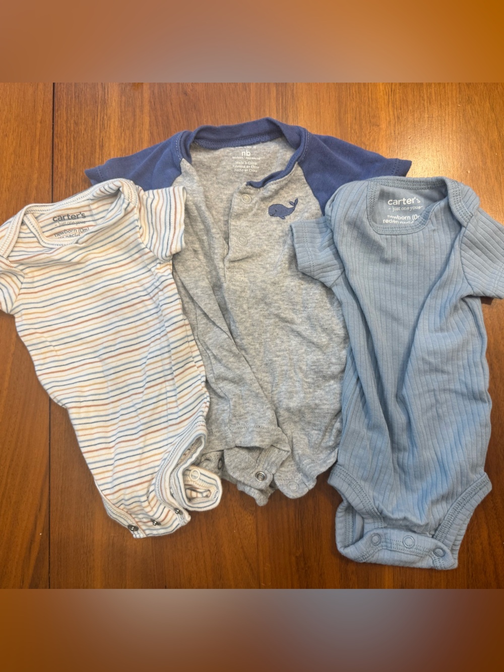 Carter's Three-Pack Baby Bodysuits in Light Blue, Gray & Cream Stripe